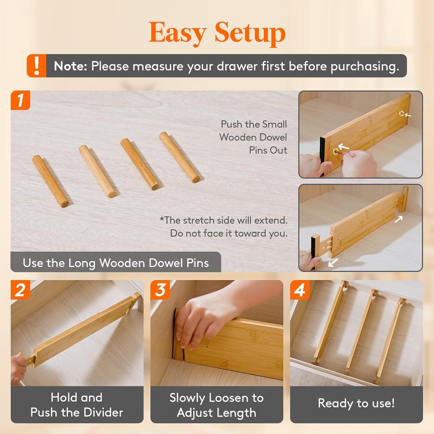 Lifewit 4 Pack 4" High Bamboo Drawer Dividers, 17-21.5" Adjustable Drawer Organizers for Clothes, Wood Dresser Drawer Divider, Expandable Deep Drawer Separators for Dresser, Kitchen, Bedroom, Bathroom