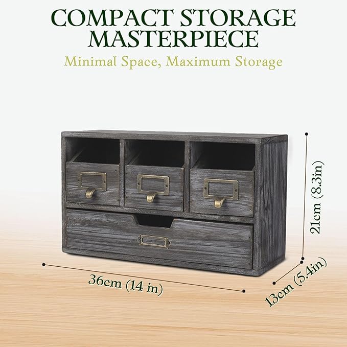 Flexzion Apothecary Cabinet with 4 Drawers - Vintage Rustic Wood Desktop Organizer for Home & Office Supplies - Tabletop Wooden Storage for Catalog, Card, Jewelry, Makeup, Craft & Tools