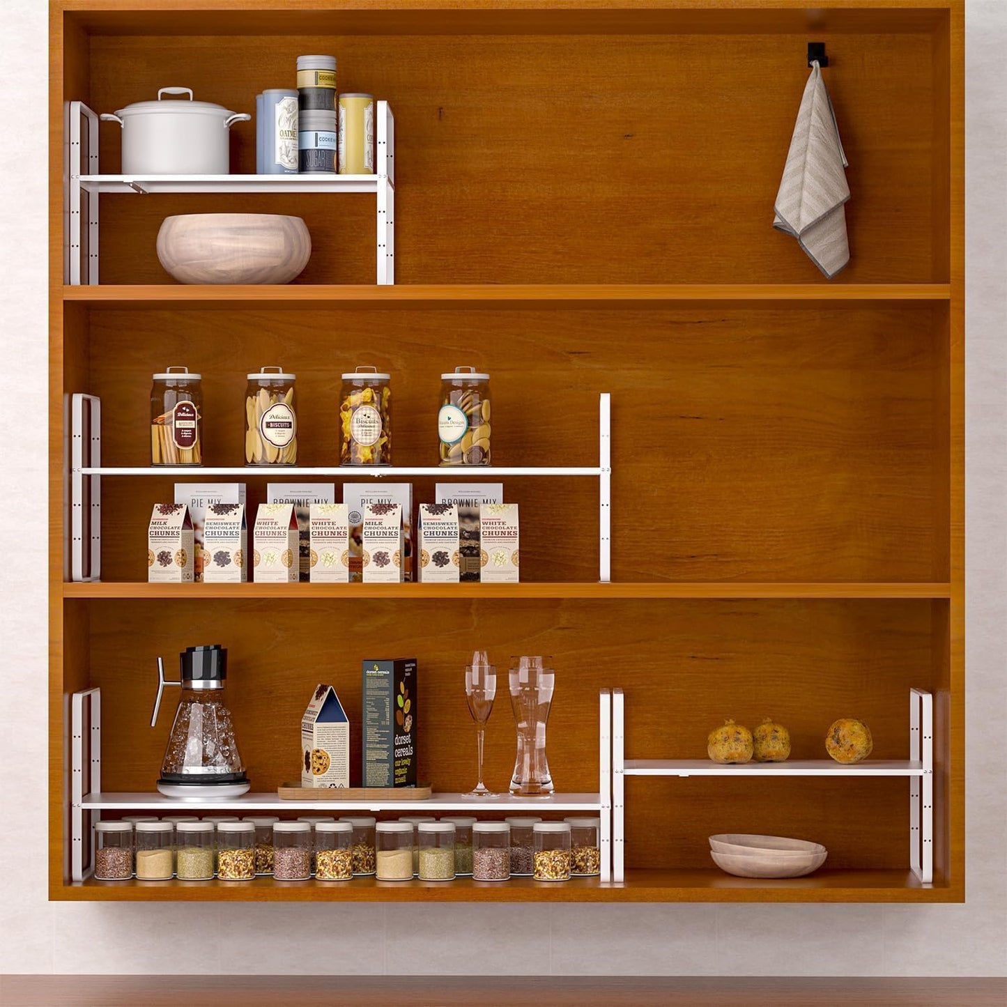 Redrubbit Expandable Cabinet Shelf Organizers, Stackable Kitchen Counter Shelves Spice Rack for Kitchen Bathroom Pantry Cupboard Desk Home Office, Metal Plate Heavy Duty Nonslip, White