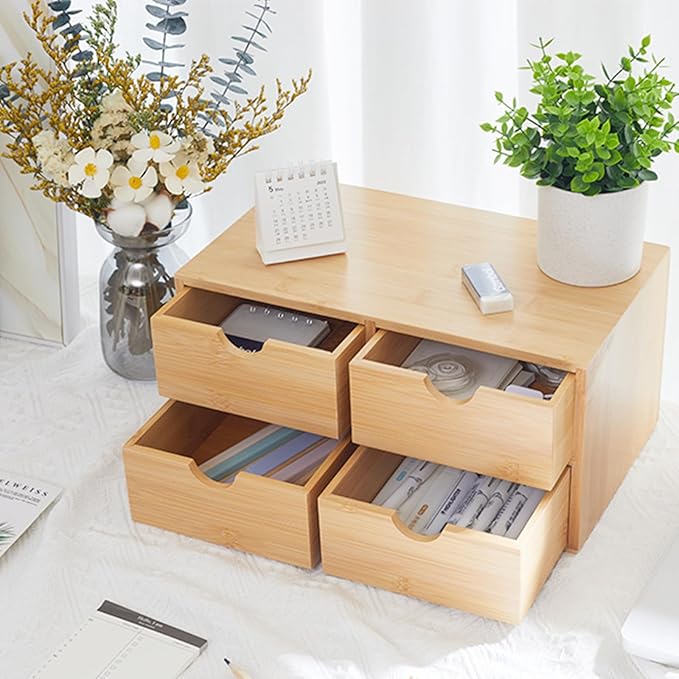 Bamboo Desk Organizer 4 Drawers, Countertop Organizer with Drawers Makeup Storage Drawer 4 Drawers Tabletop Storage Organization Box Home Office Workspace