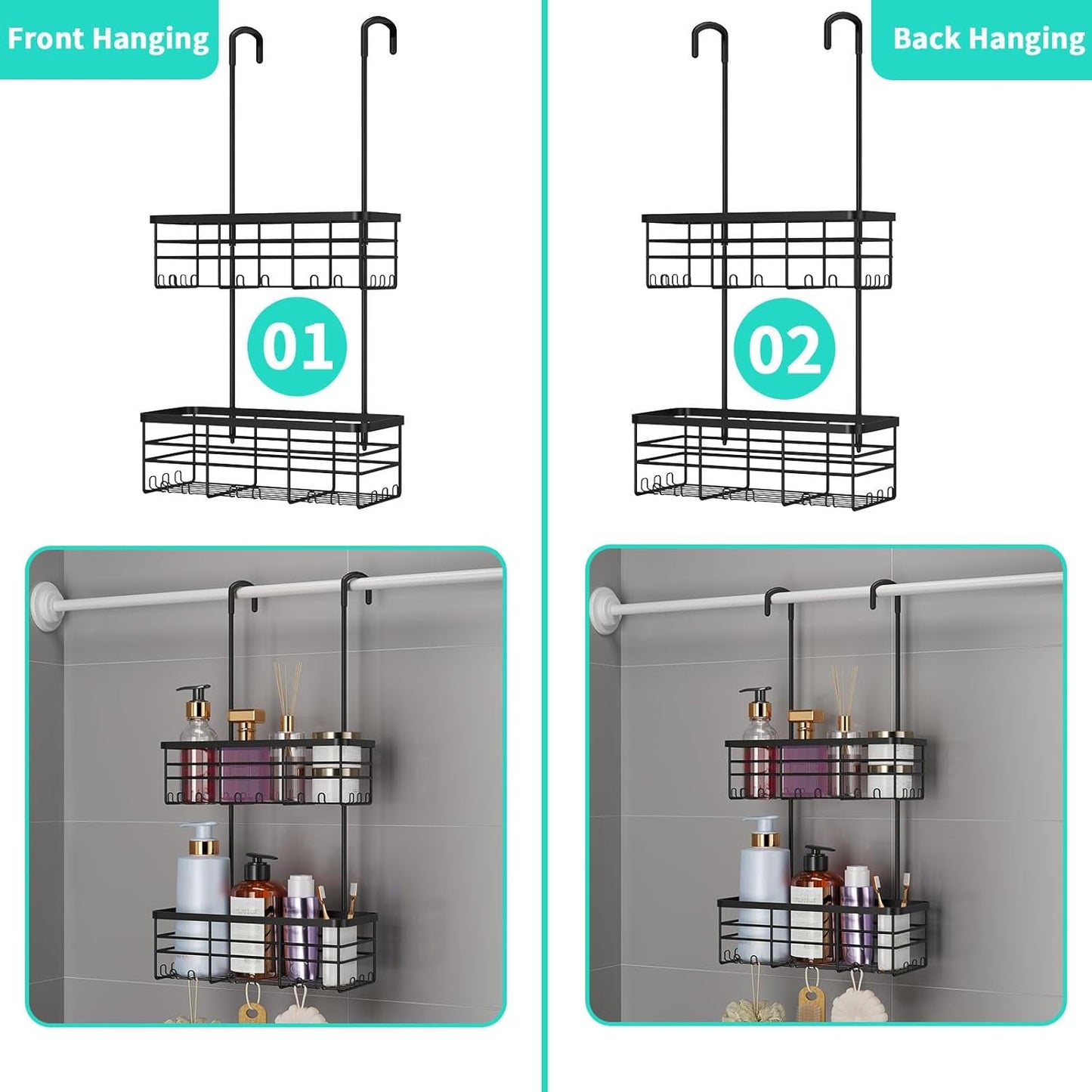 HapiRm Hanging Shower Caddy Organizer - No Drilling Shower Organizer with Hooks, Rustproof & Waterproof 304 Stainless Steel Bathroom Shelves - Black
