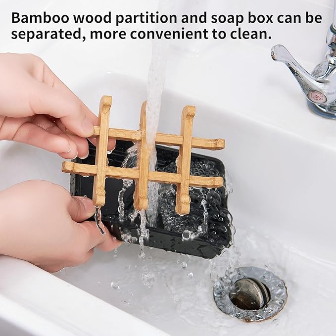 Bamboo Soap Dishes for Shower with Drainage Wooden Soap Bar Holder for Bathroom Soap Tray Easy to Clean, Durable and with Non-Slip Pads(Single Black Square)