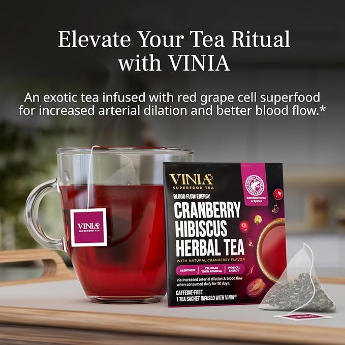 VINIA Cranberry Hibiscus Herbal Tea Bags, Made with Organic Herbal Tea, Infused with Piceid Resveratrol for Heart Health, Nitric Oxide, Physical Energy, Alertness, Blood Flow, Keto, Kosher, NON-GMO. 30 Ct