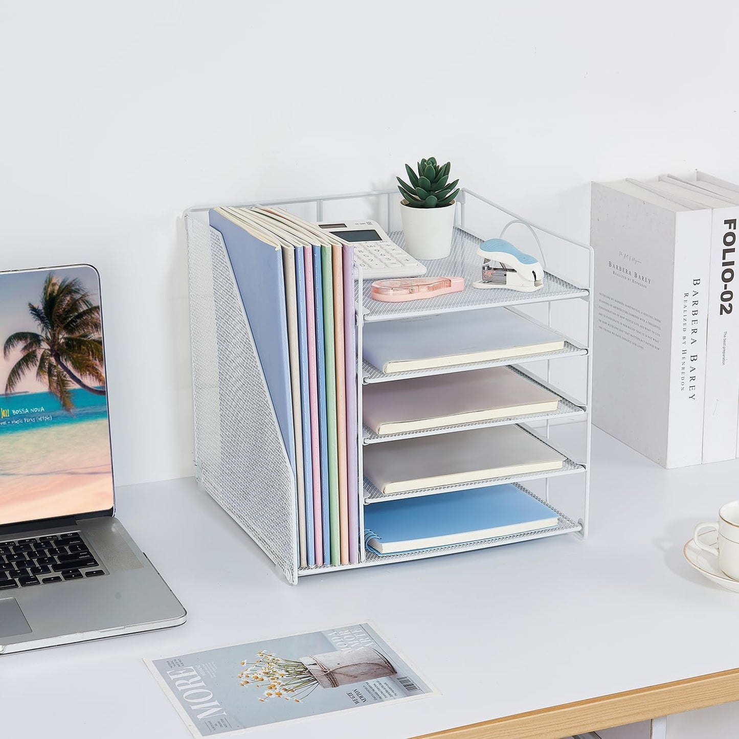 Desk Organizers and Accessories, 5-Tier Paper Letter Tray Organizer with File Holder, Desktop Organizer for Office Supplies (White)