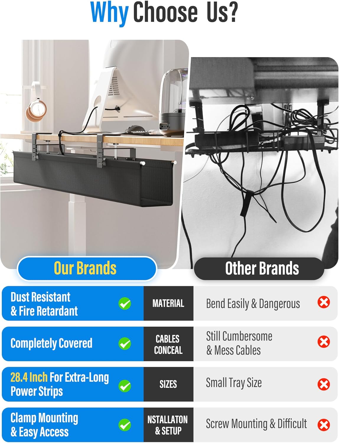 [Upgraded] Large Under Desk Cable Management Tray, Cinati Cable Management Under Desk No Drill, 28.4" Fabric Cord Hider for Wire Organizer, Cord Organizer for Office, Home - Supports Up to 30lbs Black