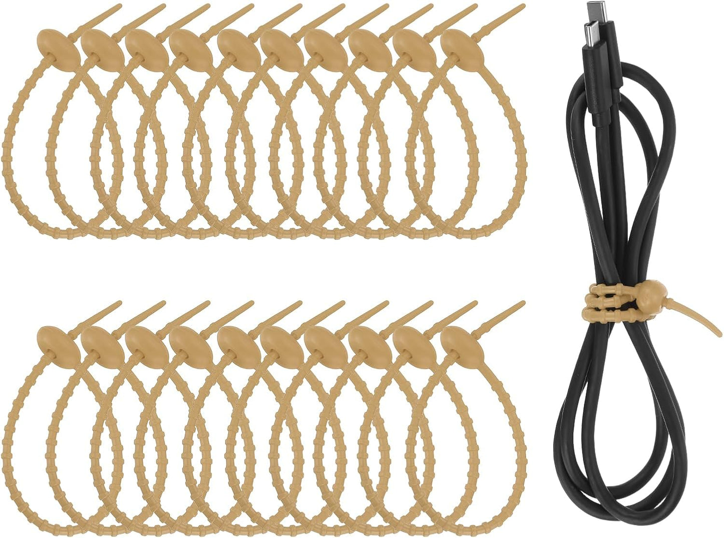 uxcell 20 Pcs Silicone Ties Bag Clip, 8.5 Inch Multi Purpose Silicone Zip Ties Reusable Rubber Zip Tie, Cable Strap Cord Organizer for Home Office Food Bag Wires Cables, Light Brown