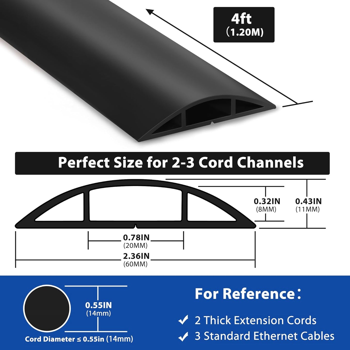 4ft Cord Hider Floor, Heavy Duty Cord Covers for Wires on Floor, Black Floor Cable Management, Hide Cord Cover Floor, Electrical Cable Hider Cord Protector Floor, Cable Cavity: 0.78" W x 0.32" H