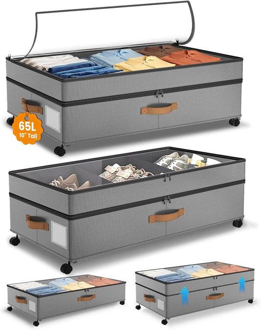 Under Bed Storage with Wheels, 10 inches Under the Bed Storage Containers Large, 65L XXL Adjustable Storage for Underbed with Lids, Rolling for Shoes, Clothes, Blankets, Grey