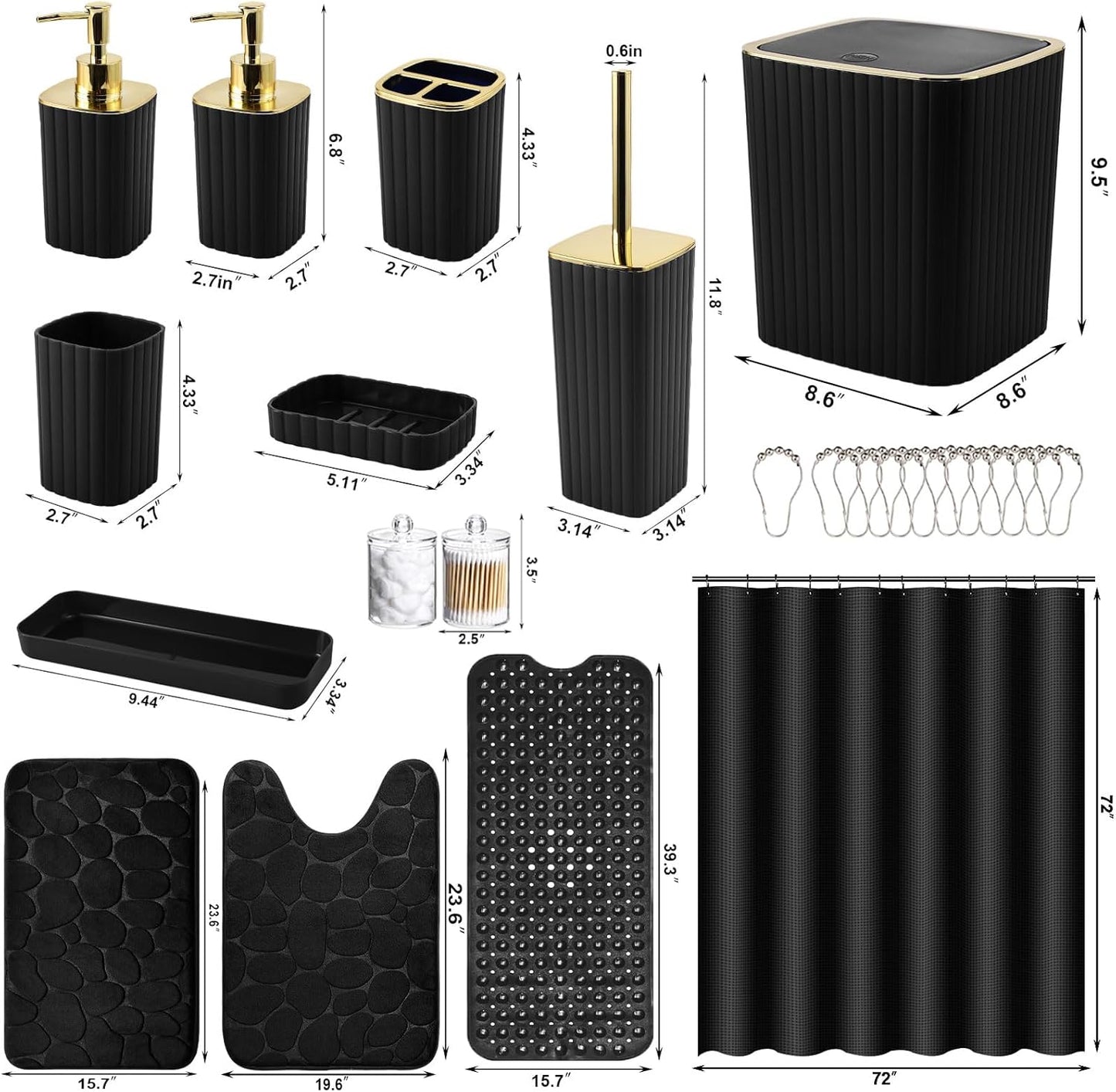 26PC Bathroom Accessories Set - Gorgeous Black Bathroom Set, Bathroom Accessory Set, Black Shower Curtain Set with Bathtub Mats for Shower Tub