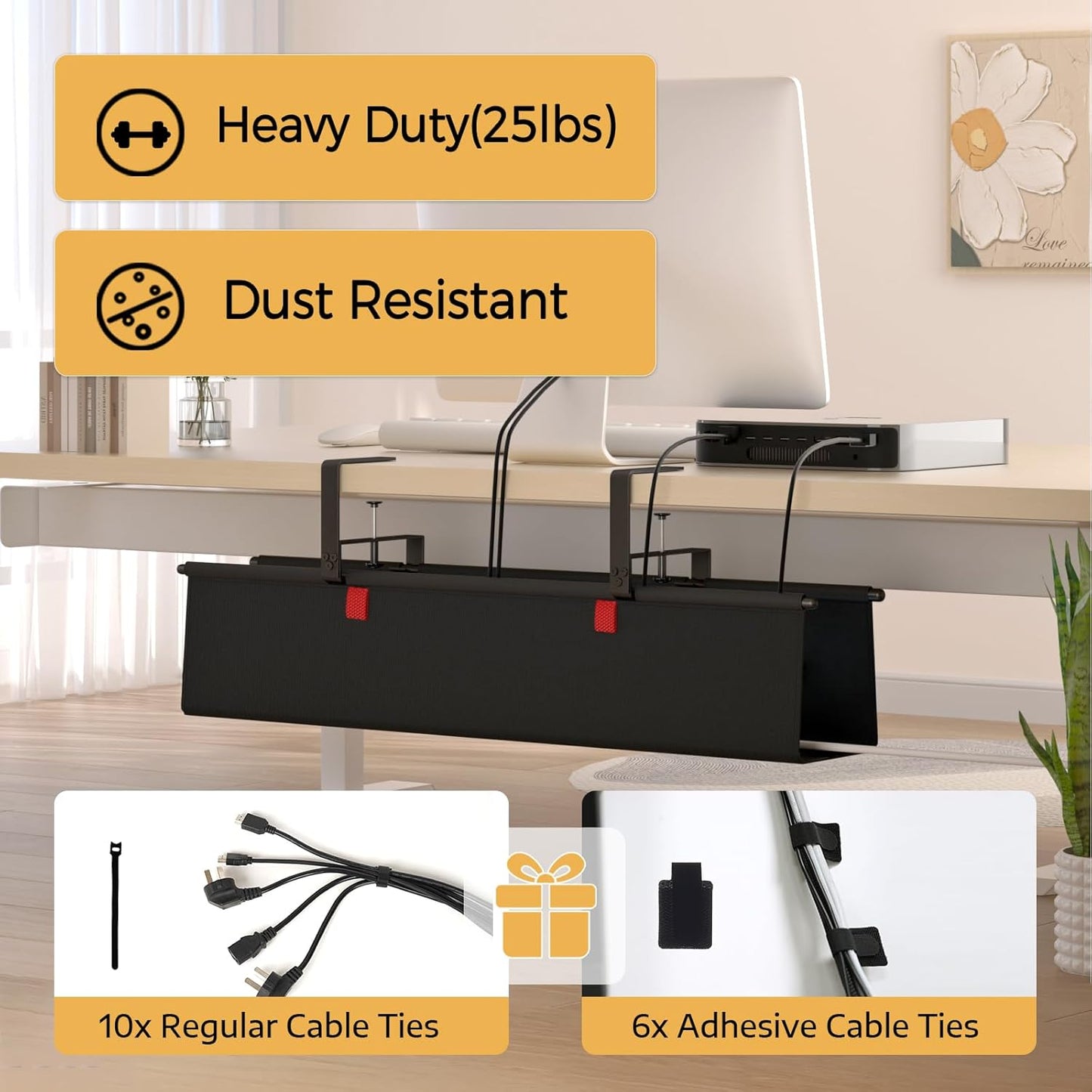 Under Desk Cable Management Tray - 28" Cord Organizer for Desk No Drill, Fabric Under Table Wire Organizer with 16X Cable Ties Hide for Office/Home, Cord Hider Fits Adapters & Sockets, Black