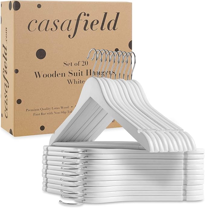 Casafield - 20 White Wooden Suit Hangers - Premium Lotus Wood with Notches & Chrome Swivel Hook for Dress Clothes, Coats, Jackets, Pants, Shirts, Skirts