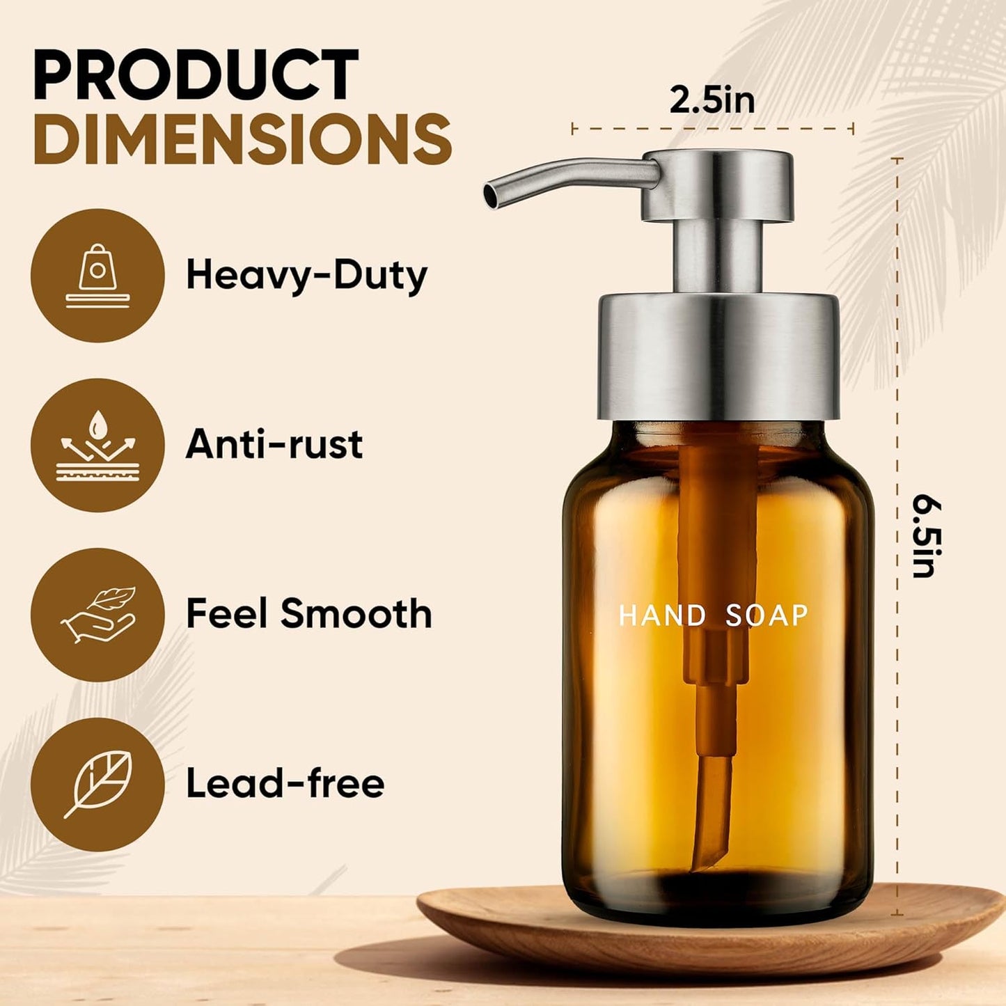 8.5oz Amber Glass Liquid Soap Dispenser - Refillable Pump Dispenser for Kitchen Sink & Bathroom Set - 2-Pack Stainless Steel - Ideal for Liquid Soap, Dish Soap & Hand Soap Essentials