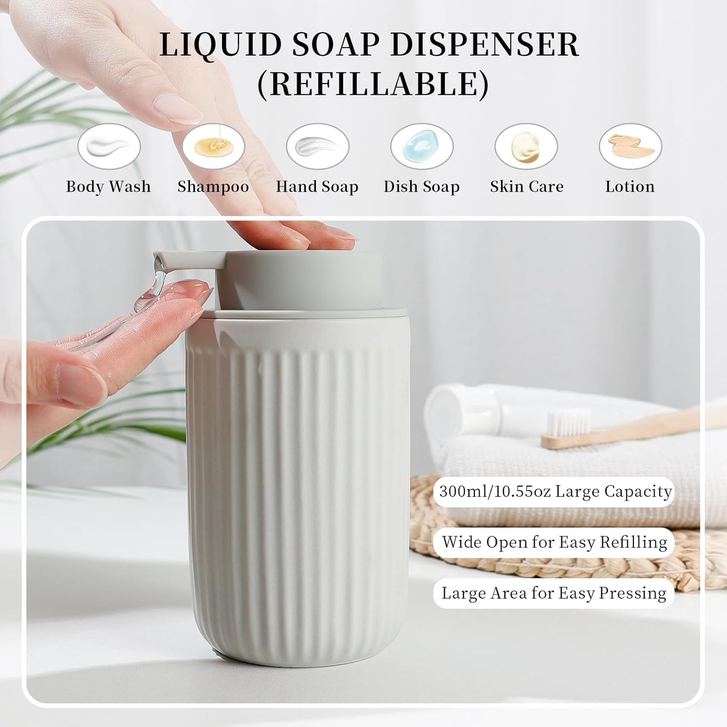 BosilunLife Ceramic Bathroom Accessories Set - Bathroom Counter Soap Set Light Grey Bathroom Decor Sets Accessories Bathroom Lotion Soap Dispenser and Toothbrush Holder Set, Soap Dish, Apothecary Jars