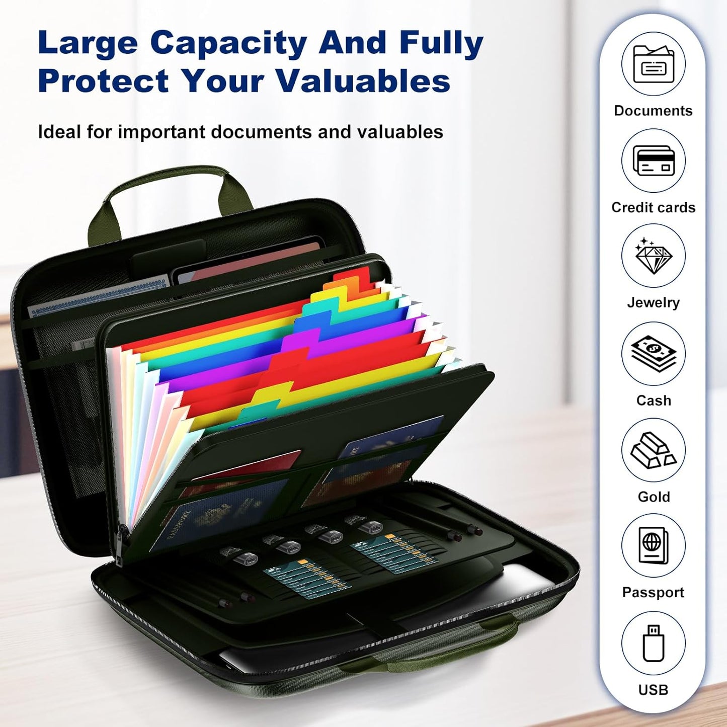 Fireproof Document Box, Hard Case Fireproof File Organizer Box with Lock and 13 Pocket Accordion File Folder, Portable Safe Box for Home Office Travel to Storage Important Documents Laptop Green