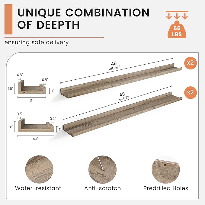 Floating Picture Ledge Shelves Set of 4, 48 Inch Shelves with Lip, Large Nursery Book Shelf for Toys Storage, Kids Bookshelf, Living Room, Bedroom Decor Frames