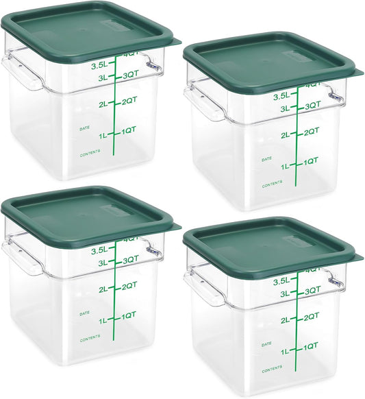 4 Pack Food Storage Containers with Green Lids, 4.0 Qt - Square, Clear, Polycarbonate