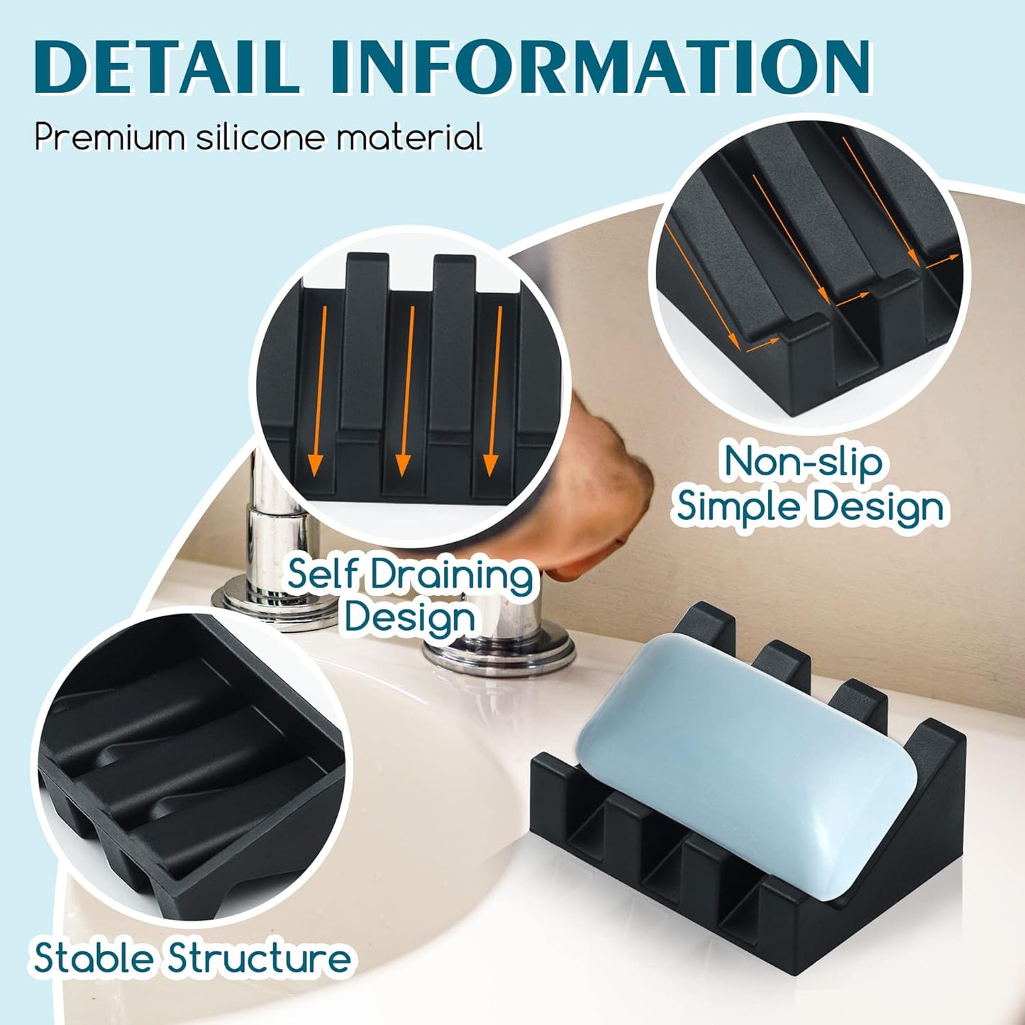 Silicone Soap Dish for Bar Soap Holder for Shower Bathroom Self Draining Waterfall Drying Tray Keep Soap Bars Dry Clean & Easy Cleaning (Black*2, 2)