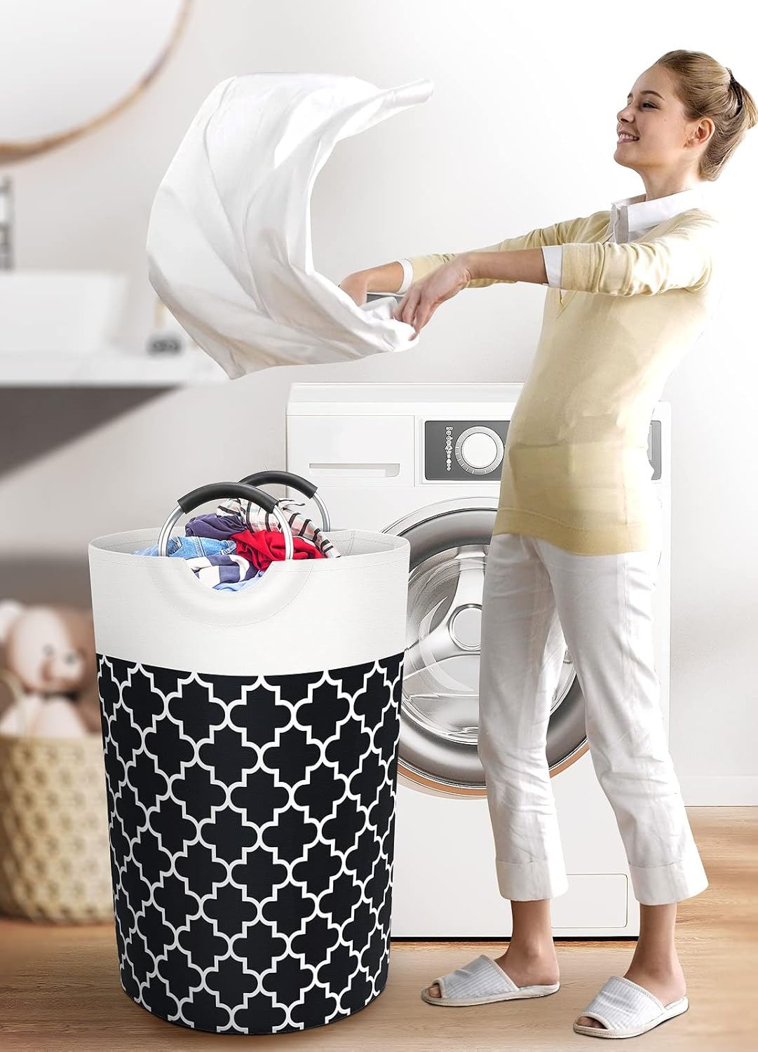 Large Laundry Basket Laundry Hamper Bag Washing Bin Clothes Bag Collapsible Tall With Handles Waterproof Travel Bathroom College Essentials Storage For College Dorm, Family (Black)115L