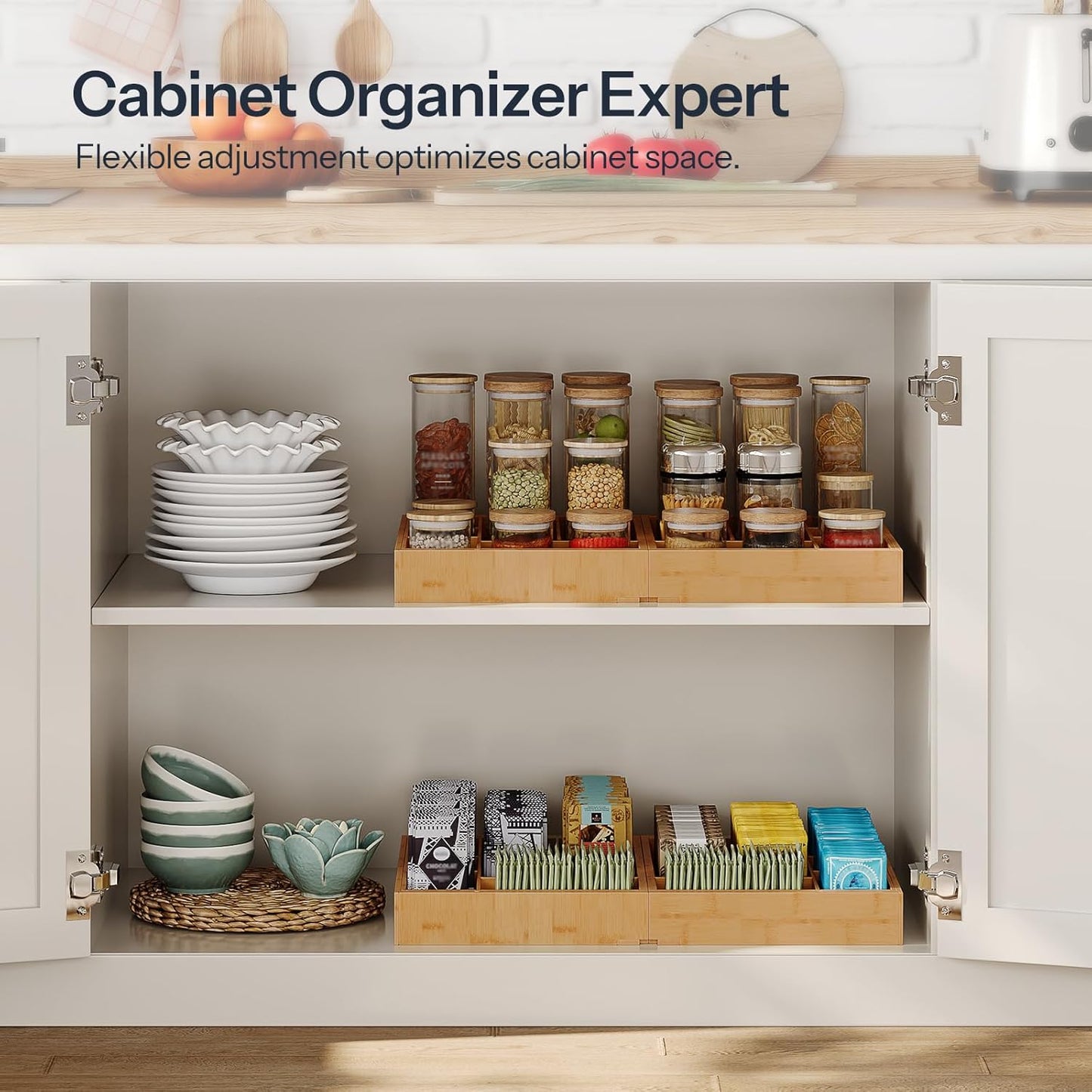 HO0BRO Large Silverware Organizer Kitchen Drawer Organizer, Magnetic Connected Expandable Utensil Organizer From 22 to 35 Inches, Bamboo 16 Slots Cutlery Tray with Knife Holder, Natural YL07TL01