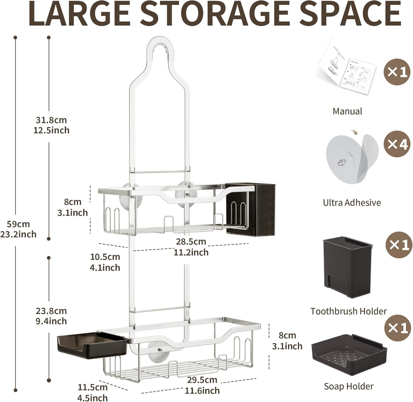 Shower Caddy Hanging 2-Tier Bathroom Organizer for Tall Showerhead with Soap Dish and Toothbrush Holder,Rustproof Over Shower Head Rack,Silver