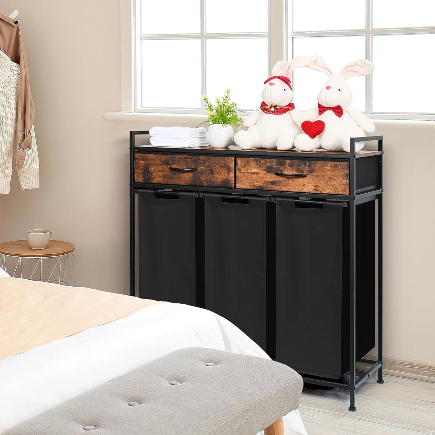 Laundry Sorter 3 Section, 180L Laundry Hamper Basket with Shelf and 2 Drawers, 3 Compartment Clothes Storage Organizer Cart, Pull-Out Removable Oxford Fabric Bags, Rustic Brown and Black