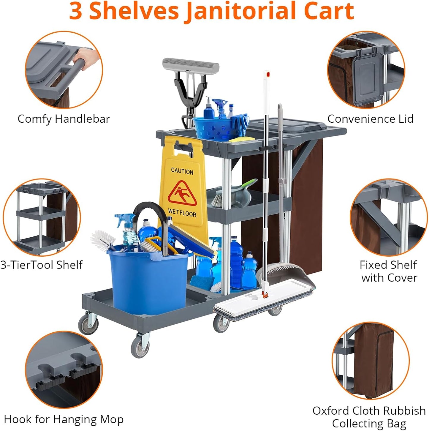 Commercial Janitorial Cleaning Cart on Wheels - Black Housekeeping Caddy with Cover, Shelves and Vinyl Bag