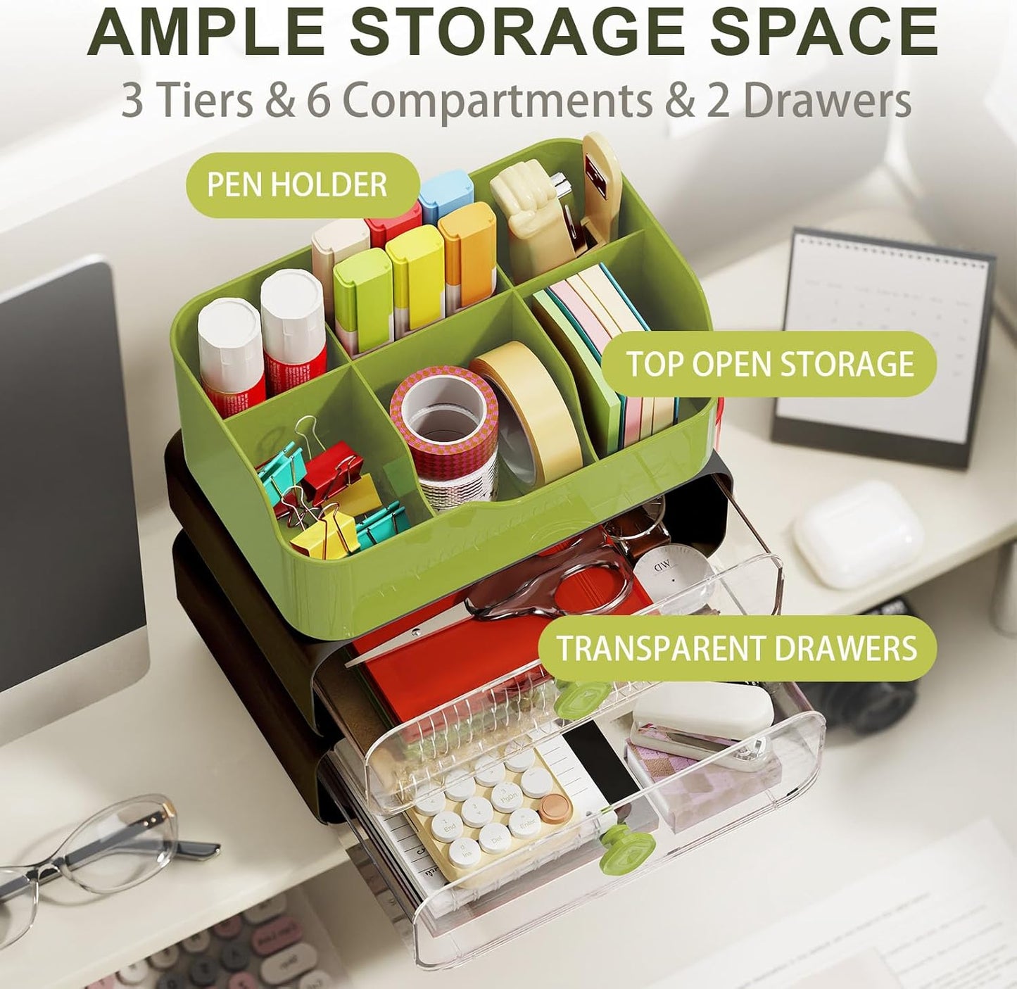 TEAMIX 3 Tier Desk Organizer with 2 Clear Drawers & 6 Slots, Stackable Desktop Drawer Organizer, Plastic Pencil Pen Holder Stationary Storage Makeup Organizer for Office/School/Art Supplies (Black)