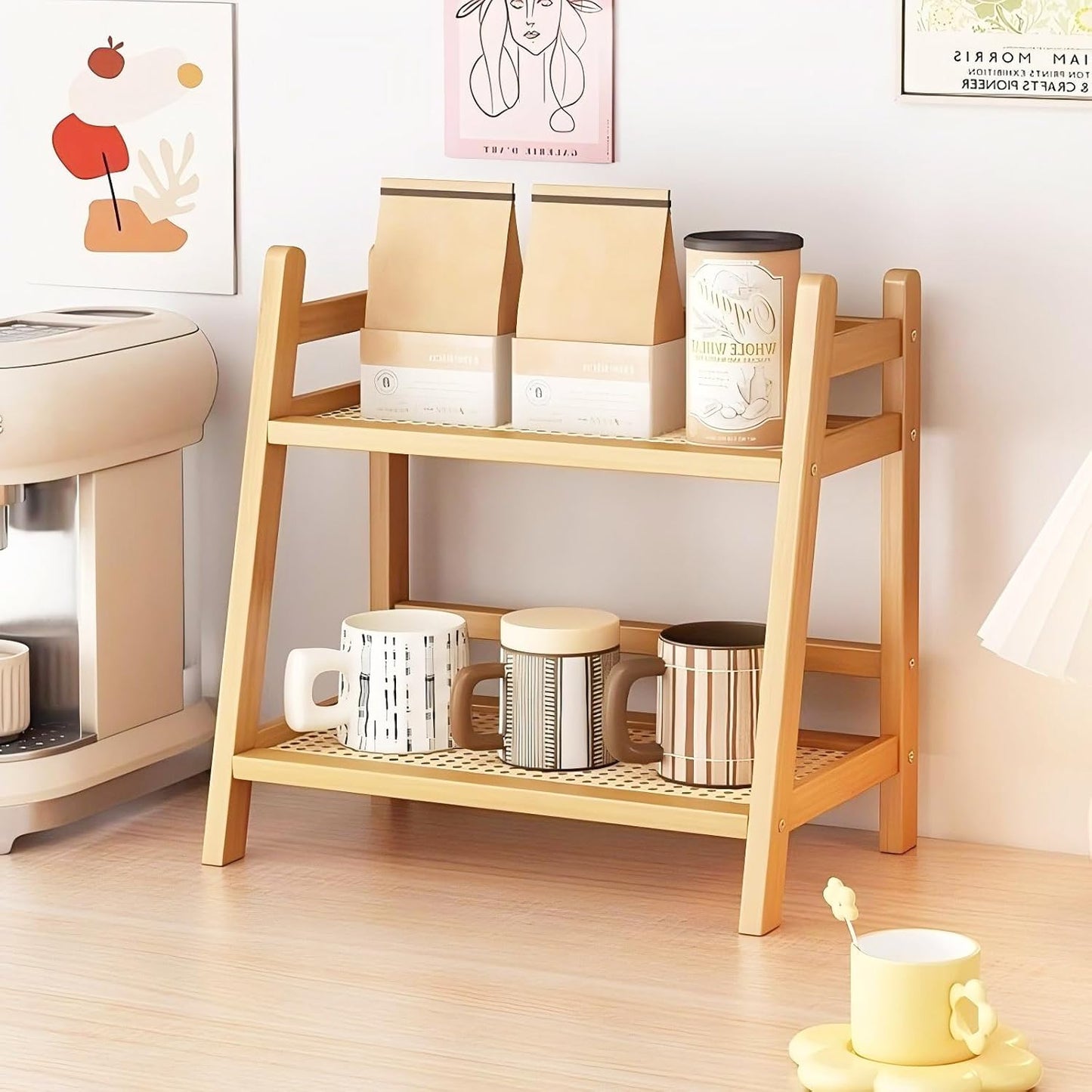 2 Tier Coffee Bar Station Organizer & Bamboo Mug Holder – Countertop Tea and Coffee Bar Accessories Stand, Matcha Display Shelf with Condiment Storage Rack, Cup Organizer for Kitchen Counter (Small)