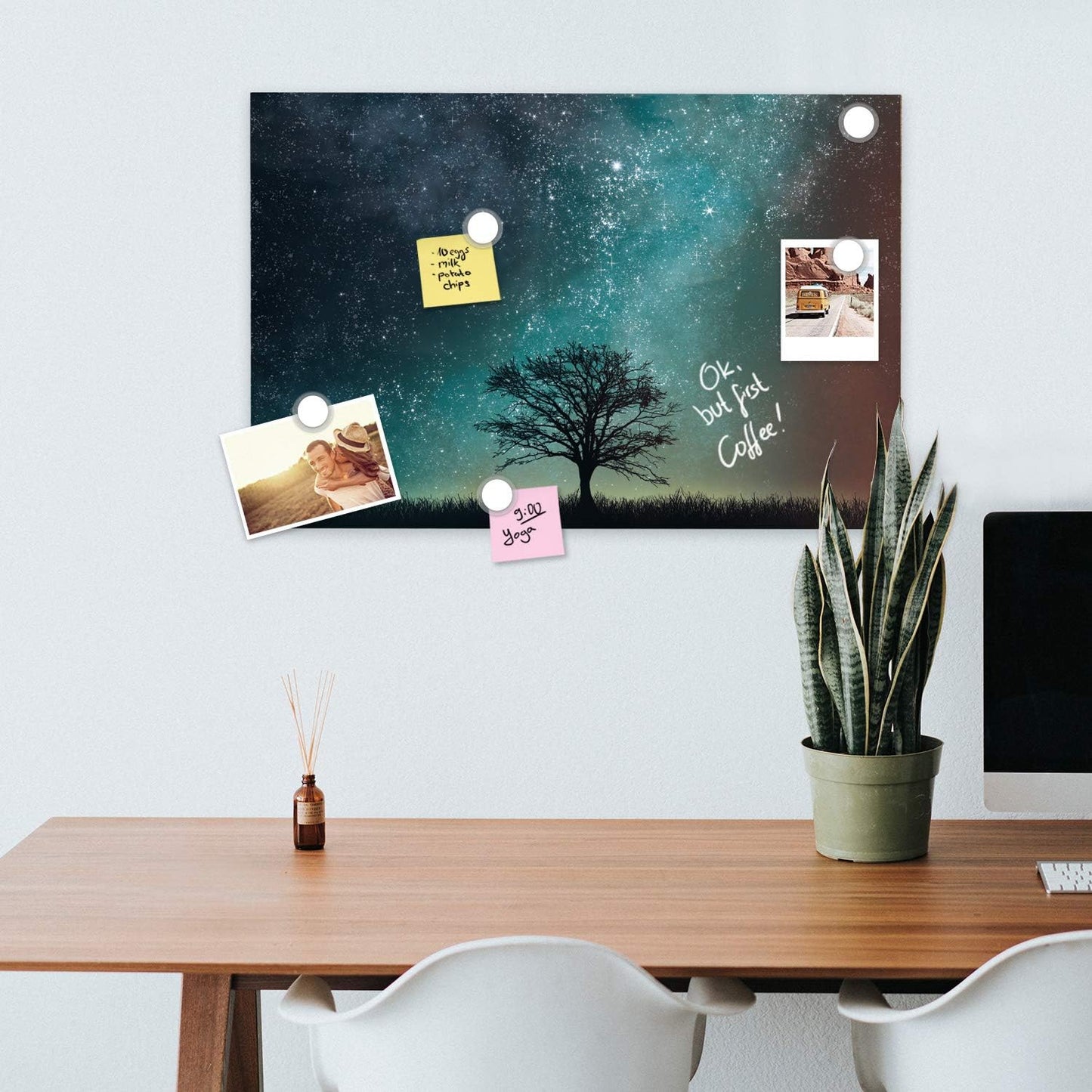 Navaris Magnetic Dry Erase Board - 16 x 24 inches Decorative White Board for Wall with Design, Includes 5 Magnets and Marker - Starry Sky and Tree
