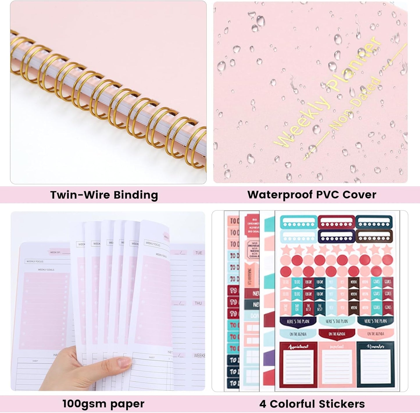 Undated Weekly Planner with Habit Tracker, 52 Weeks To Do List Notebook A5 Weekly Goal Planner with Spiral Binding & Stickers Home Work School Supplies for Women Girls 8.2" x 5.7" - Cute Style