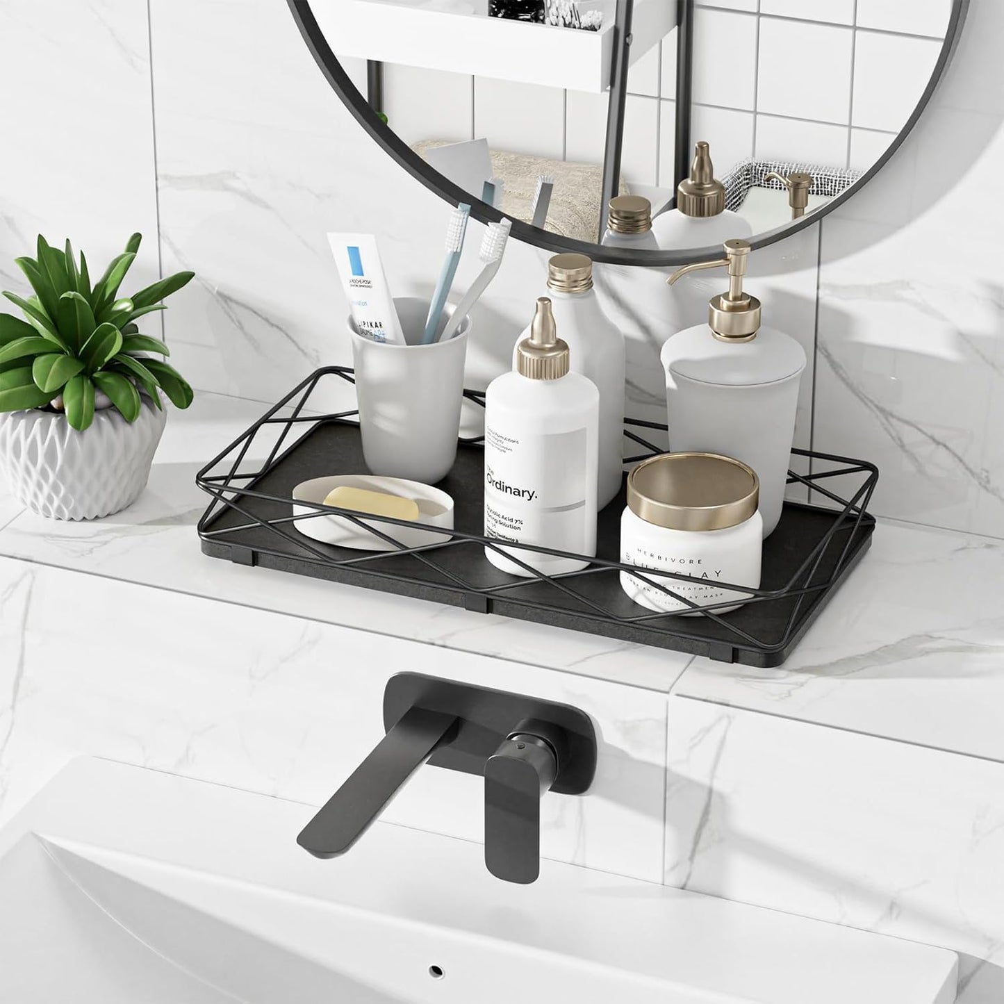 Toilet Paper Basket Holder, 13" Bathroom Tray Countertop, Wood and Metal Toilet Tank Tray Bathroom Vanity Organizer for Toiletry, Kitchen Sink Organizer for Soap Dispenser (Black)