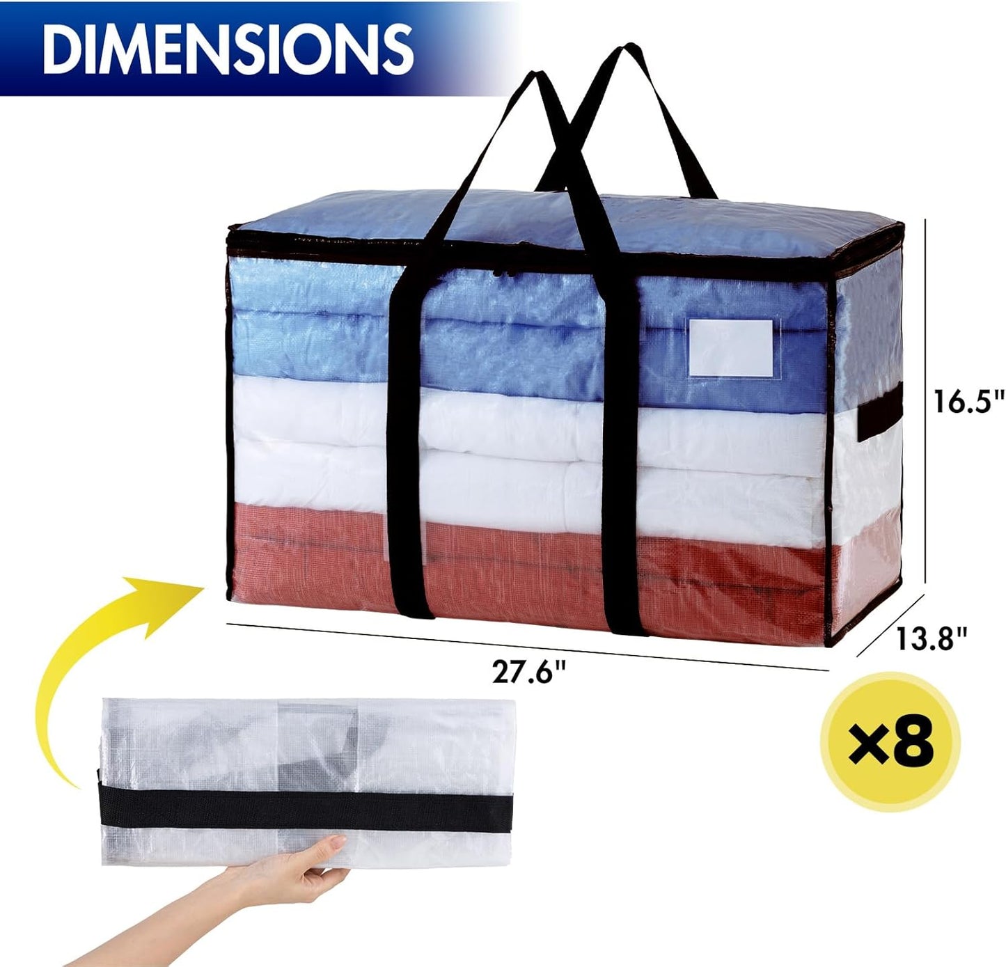 TAILI Extra Large Moving Bags, 8 Pack Clear Heavy Duty Totes For Storage with Visible Window, Wrap Around Handles, Storage Bags for Space Saving, Alternative to Moving Boxes