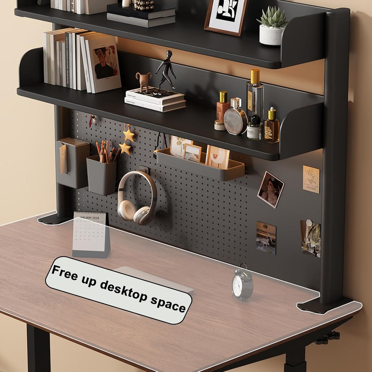 Clamp on Desk Shelf with Pegboard, Black Desktop Bookshelf Organizer Storage Shelves for Home Office Dorm Gaming Desk, Space Saving Tabletop Display Rack Organization (White, 31.4in)