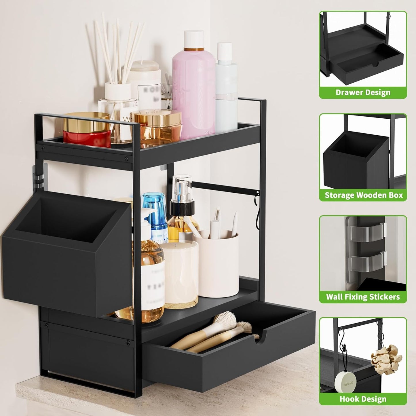 2-Tier Bathroom Counter Organizer with Drawer and Basket, Wood Countertop Organizer for Storage, Skincare Organizers for Vanity, Counter Shelf for Bathroom Organization, Black