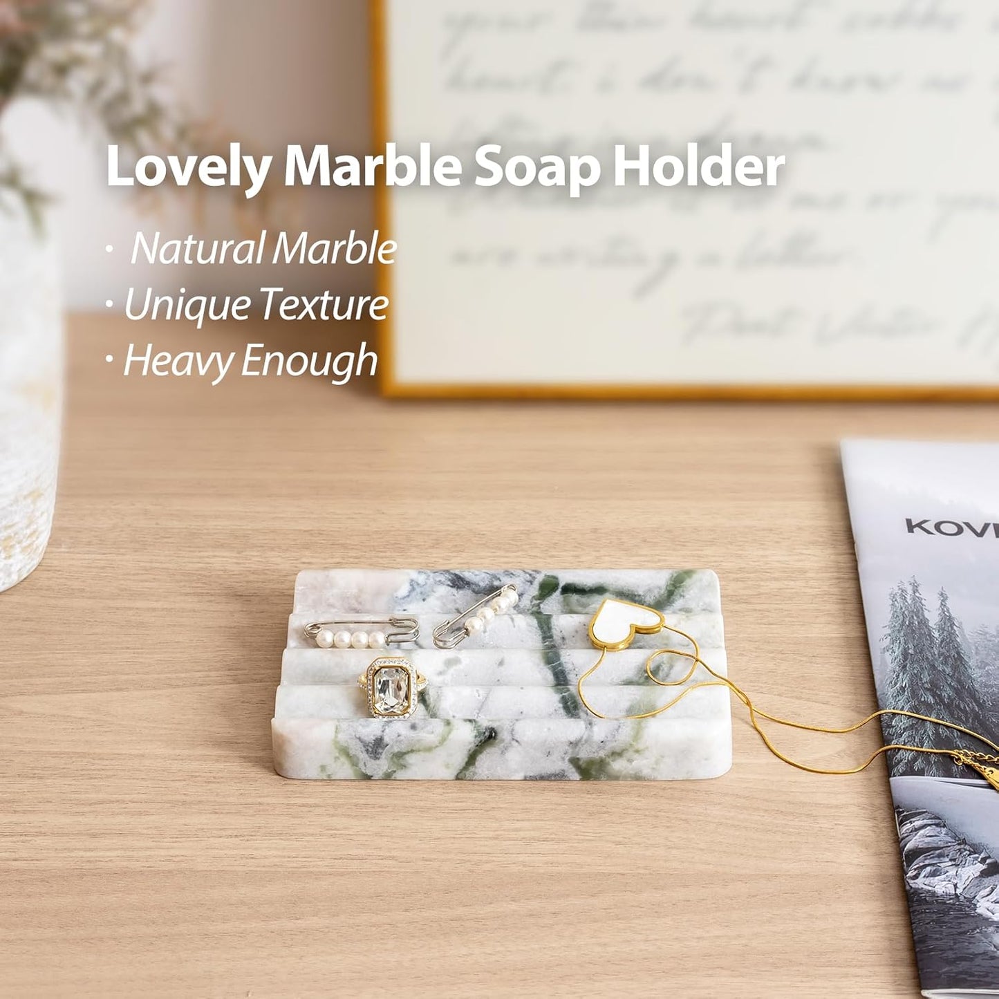 2 Pcs Soap Holder for Bathroom, Marble Soap Dish for Kitchen Countertop, Tray with Creative Wavy Design, Soap Saver for Bath Tub, Sponges, Italian Natural Stone(Bianco Palomino)