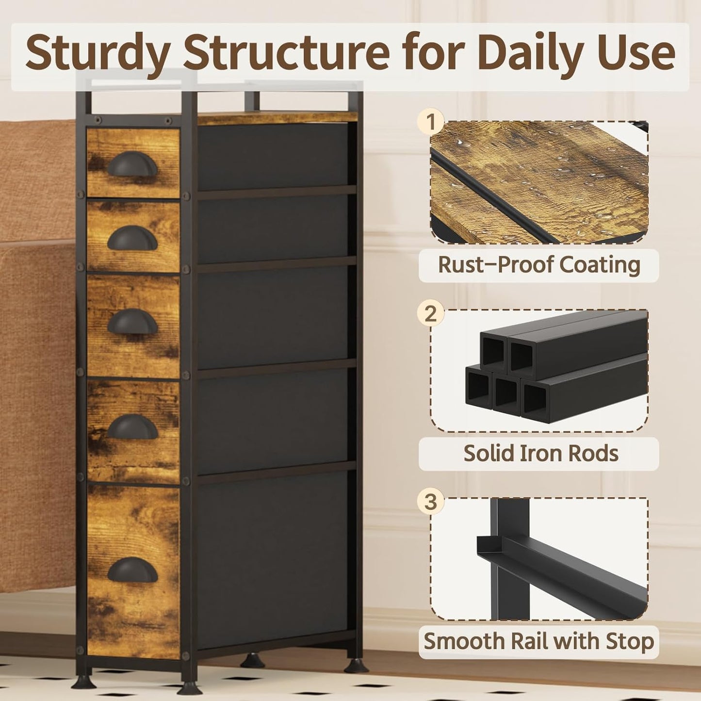 LASZOLA 5 Drawer Narrow Dresser Slim Cabinet Skinny Storage Tower Chest, Ideal for Small Spaces Bathroom Bedroom, Between Washer and Dryer, Lightweight Mobile on Wheels, Sturdy Fabric Drawers, Brown