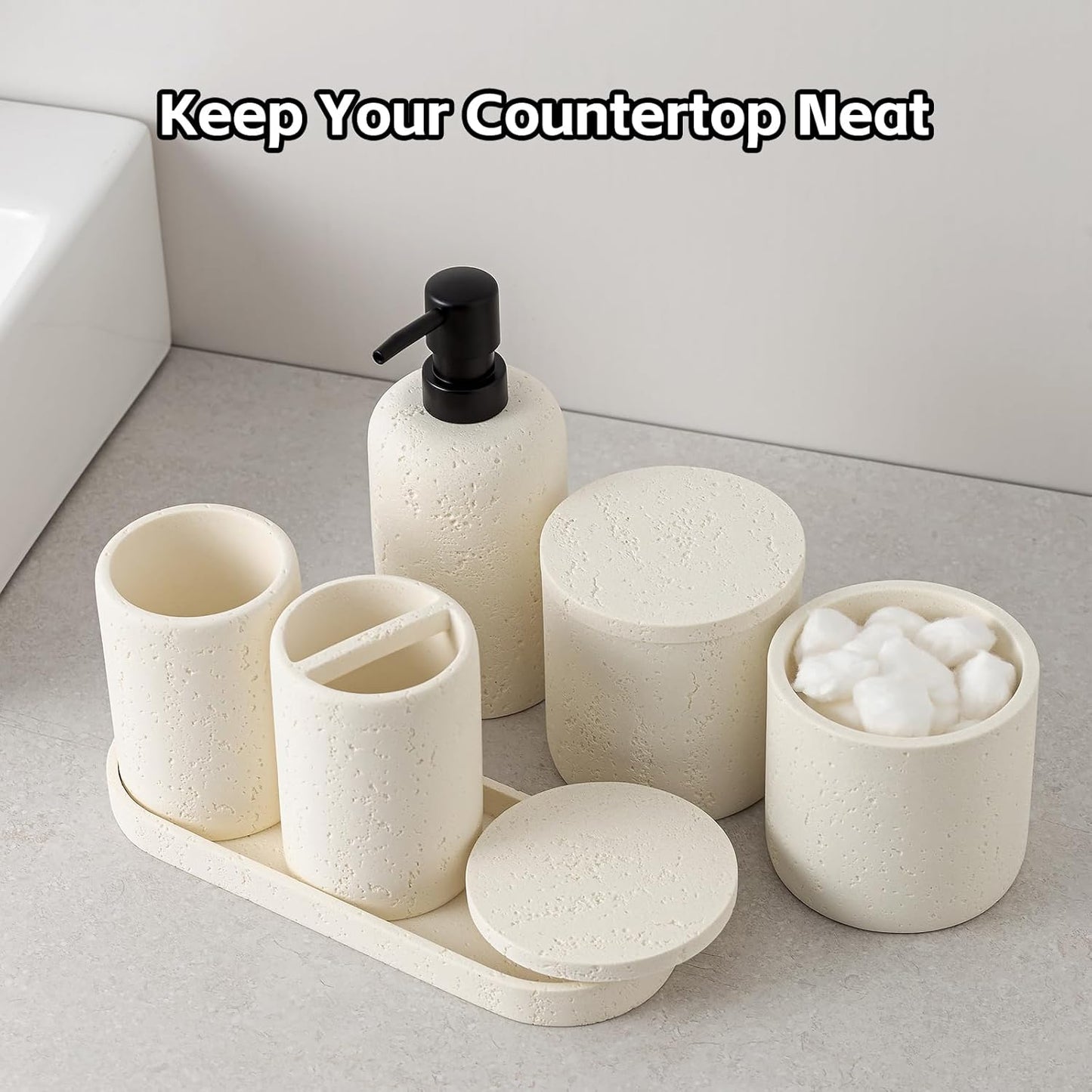 Bathroom Accessories Set, Travertine Stone-Look, 6 PCS Bathroom Accessory Set with Soap Dispenser, Toothbrush Holder, Tumbler, Vanity Tray, Cotton Swab Jars for Countertop (Off White 6 PCS)