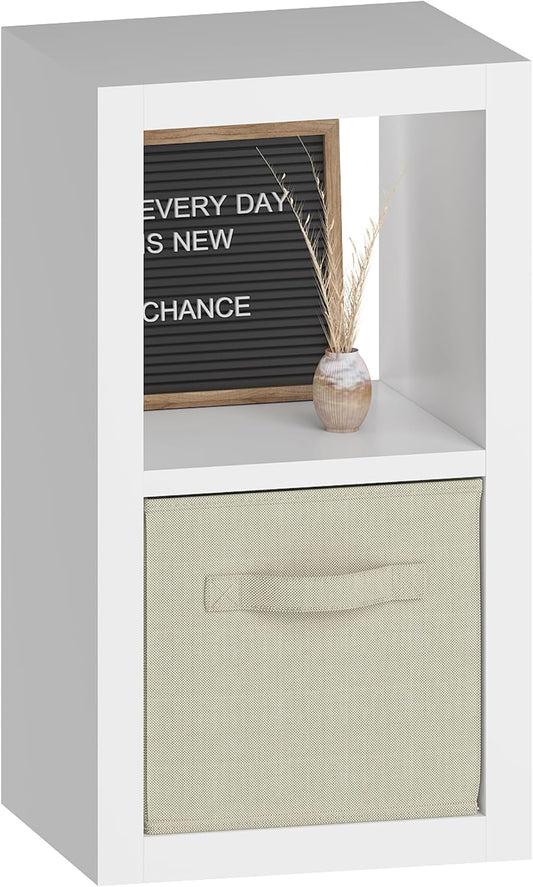 Bookshelf with Storage Bin, 2-Cube Storage Organizer, Modern Wood Open Bookcase, Multifunctional Display Shelf for Living Room, Bedroom, Home Office, White