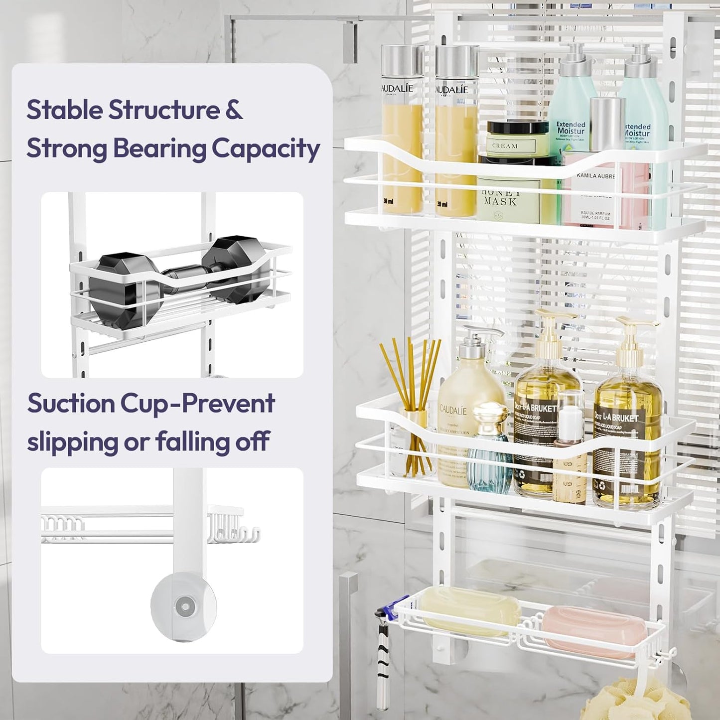 SWTYMIKI Over the Door Shower Caddy - 3 Tier Adjustable Shower Organizer Hanging with Soap Holder, No Drilling Stainless Steel Bathroom Hanging Caddy for Body Wash, Shampoo, Soap, Razor, White
