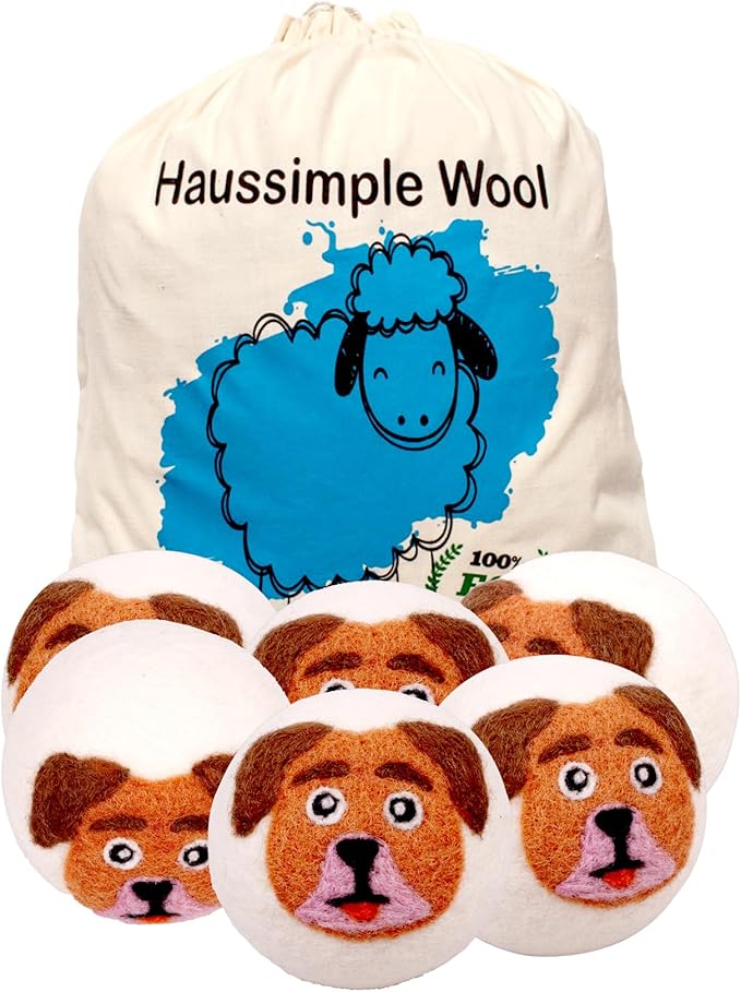 Wool Dryer Balls Organic Felt 6 Pack Laundry Fabric Softener, Extra Large Reusable Handmade Natural Sheep Wool Lint Wrinkle Free Anti Static Baby Safe (Orange Dog)