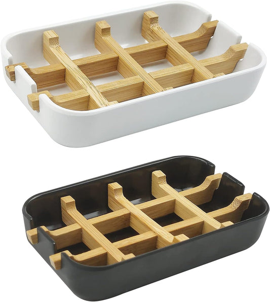 2 Pack Bamboo Soap Dish, Self-Draining Soap Box, Wooden Bamboo Bar Soap Holder for Shower, Bathroom, Kitchen, Bathtub, Bar Sink (White and Black)