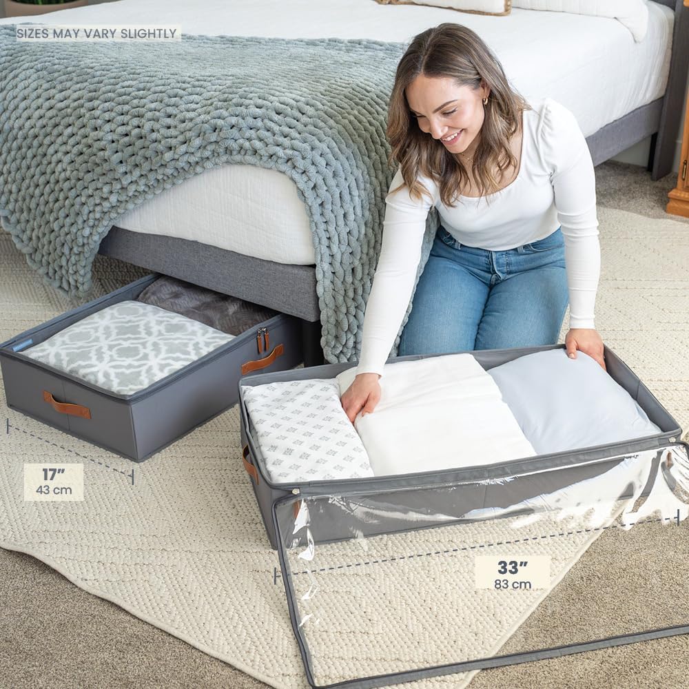 OrganiHaus Under Bed Storage Containers, Bedroom Storage and Organization Bins, Clothes Organizer for Closet with Clear Cover and Reinforced Handles - Set of 2 33x17x6 inches Gray