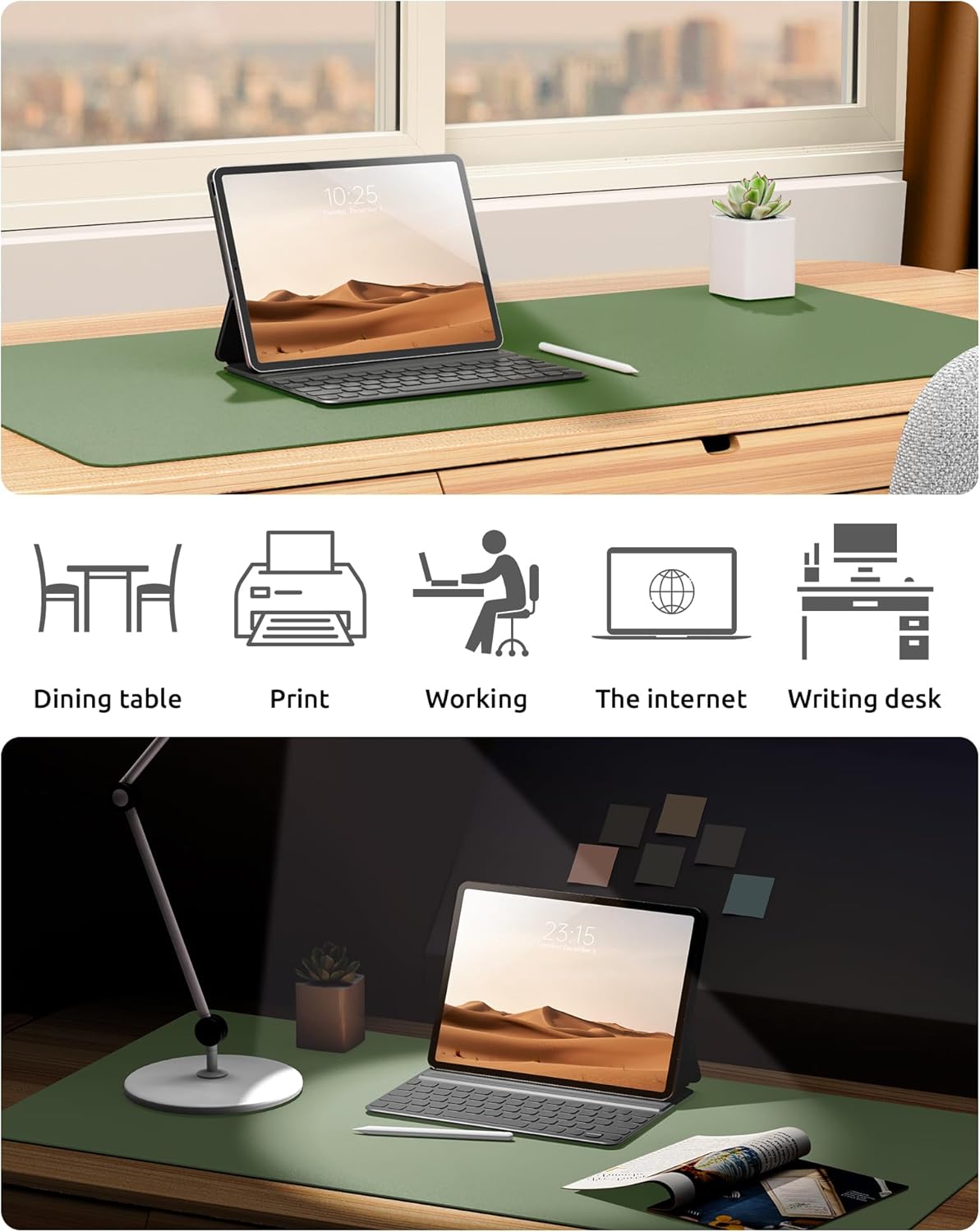 YSAGi Leather Desk Pad Protector, Office Desk Mat, Large Mouse Pad, Non-Slip PU Leather Desk Blotter, Laptop Desk Pad, Waterproof Desk Writing Pad for Office and Home (Bamboo Green, 23.6" x 13.8")