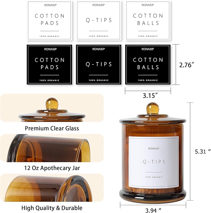 3 Pack Qtip Holder Dispenser, 16oz Bathroom Organizer and Storage Canisters, Glass Apothecary Jars with Lid - Home Decor, Room Decor Aesthetic (Amber)