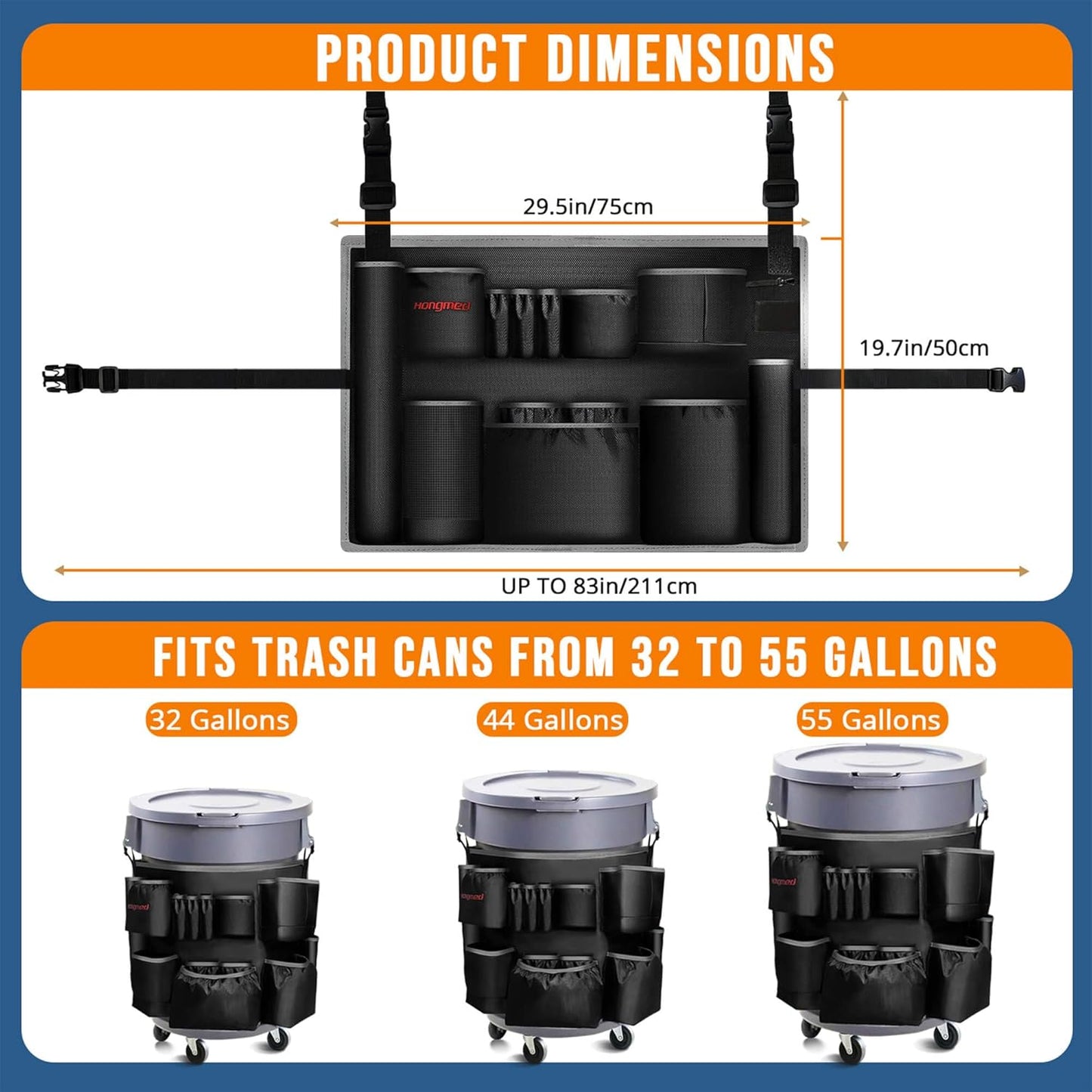 Trash Can Caddy Bag for 32-55 Gallon Garbage Bin, Hongmed Caddy for Commercial Cleaning Supplies, Multi-Pocket Utility Apron with Adjustable Straps, Heavy-Duty Nylon Organizer for Janitorial Duties