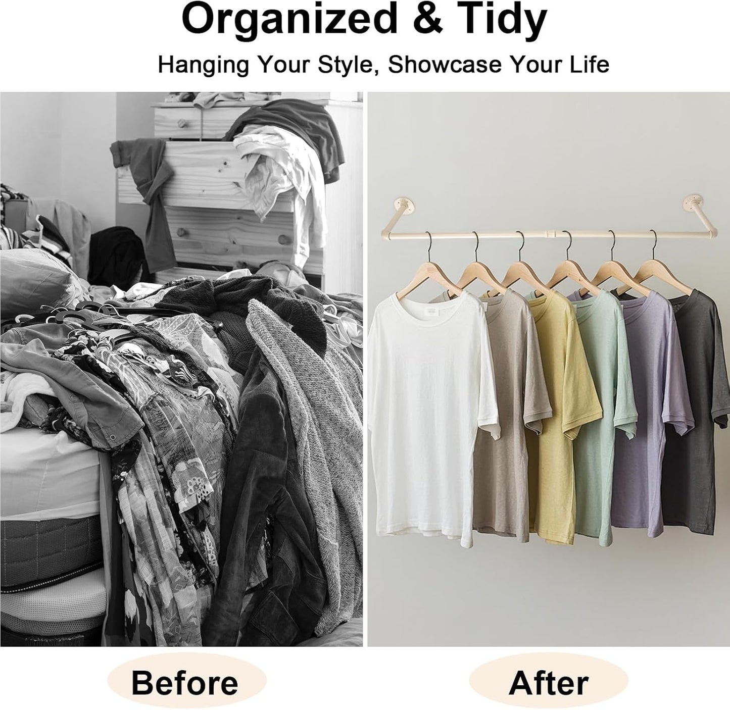 48" White Wall Mounted Clothes Rack, Industrial Pipe Iron Garment Bar, Heavy-Duty Detachable Clothing Rod, Multi-Purpose Metal Wall Display Hanging Pole for Closet Storage, Laundry Room 2 Base