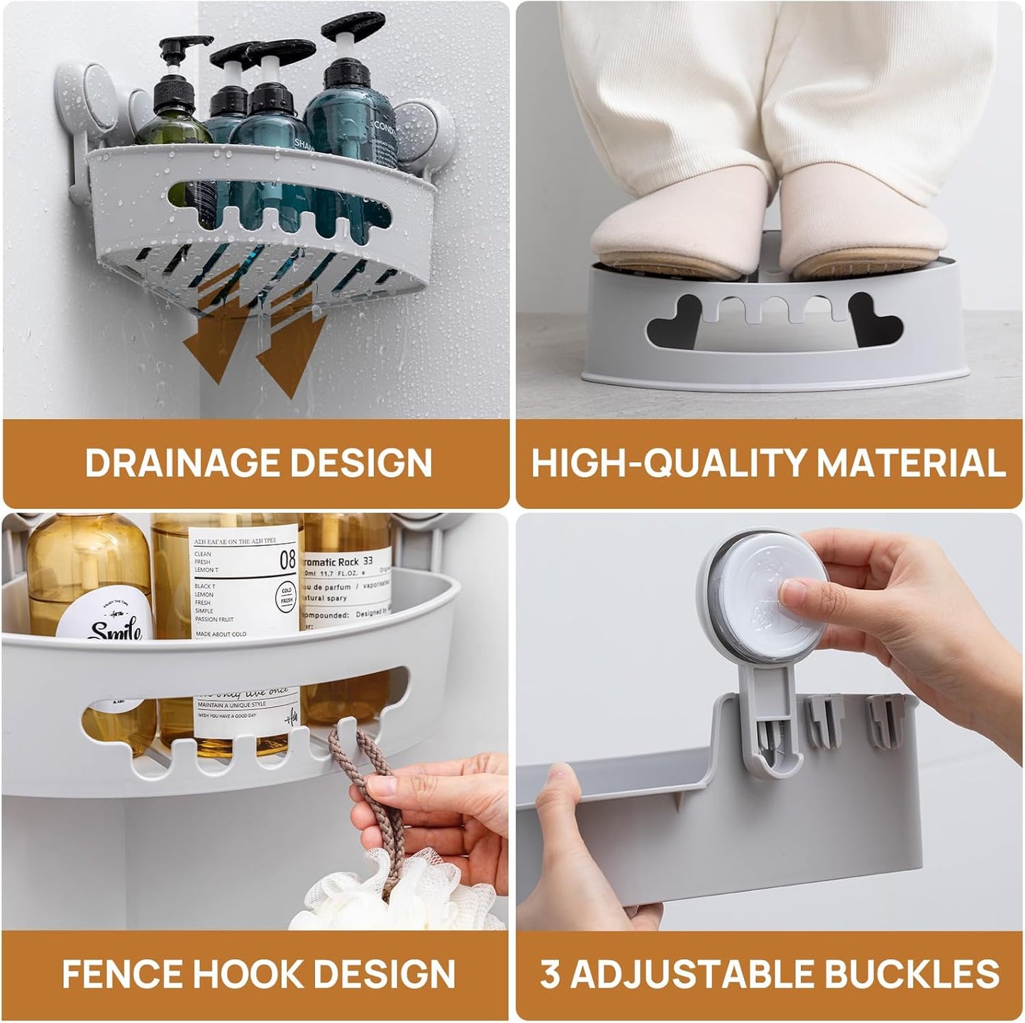 LEVERLOC Corner Shower Caddy Suction Cup, Shower Caddy Basket Powerful Suction Bathroom, Waterproof & Rustproof Organizer for Bathroom Storage, No-Drilling Removable (Grey)