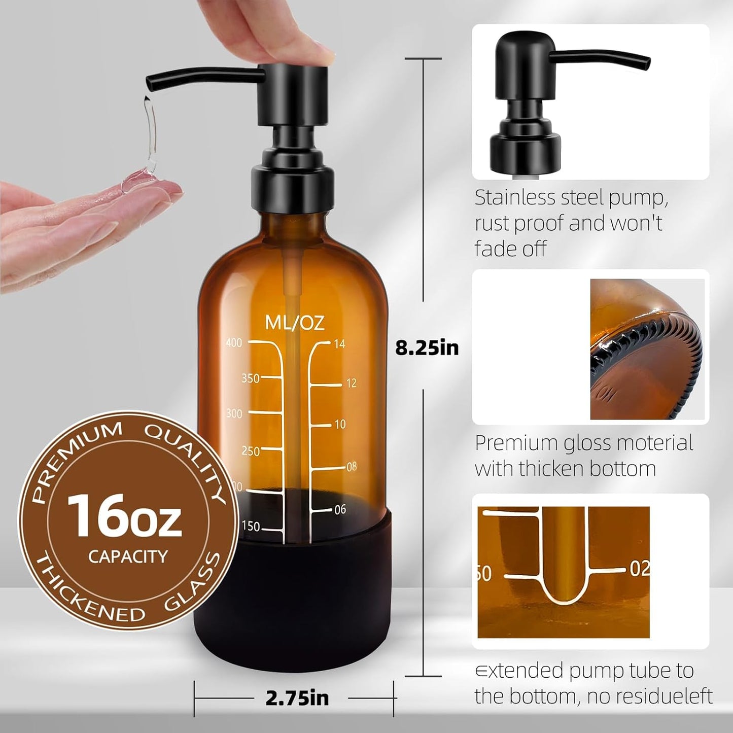 16oz Amber Glass Soap Dispenser with Stainless Steel Pump and Silicone Base for Kitchen and Bathroom, Set of 2