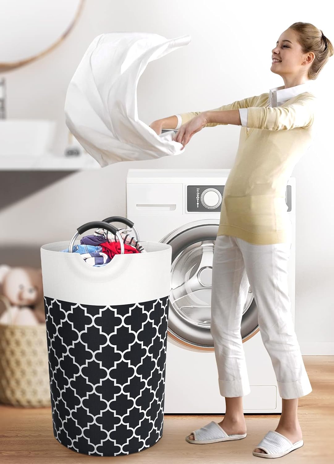 Large Laundry Basket Laundry Hamper Bag Washing Bin Clothes Bag Collapsible Tall With Handles Waterproof Travel Bathroom College Essentials Storage For College Dorm, Family (Black)82L