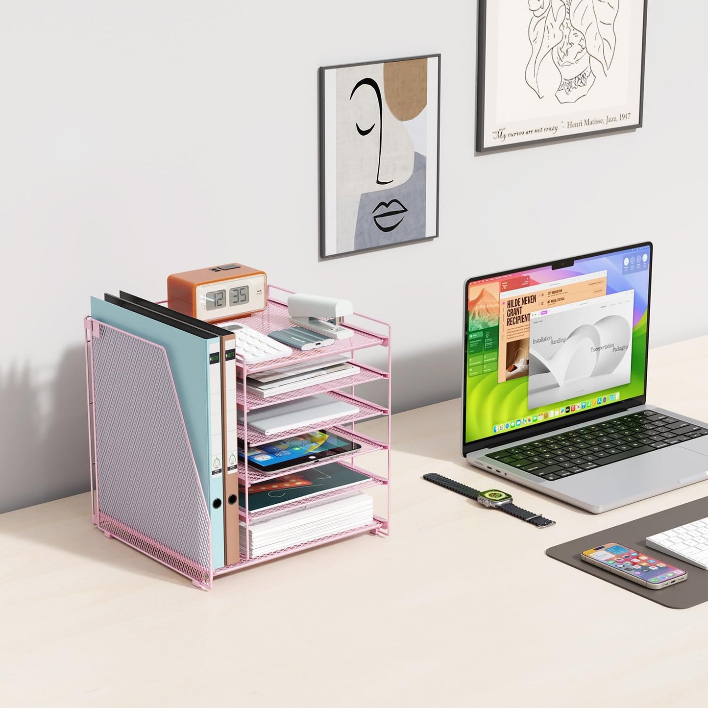gianotter Desk Organizers and Accessories, 6-Tier Paper Organizer with Magazine rack, File Organizer for Desk, Desk Organizers for Women, Pink Office Decor (Pink)